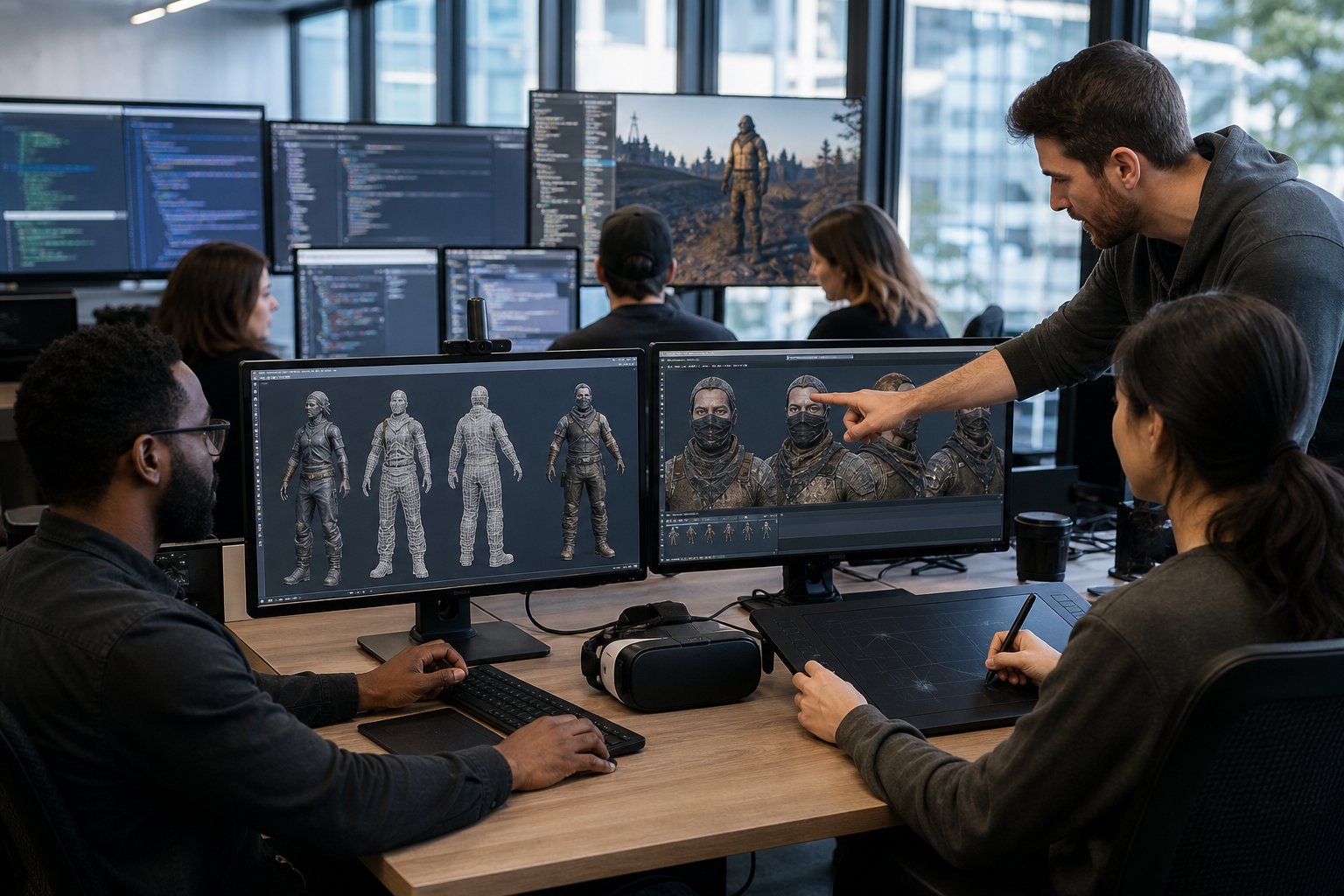 A team of developers working together at computers displaying 3D game character models in a modern office environment.