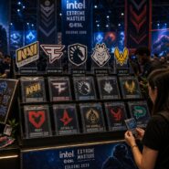 Fans browsing team logo merchandise at the Intel Extreme Masters ESL Cologne 2026 merch booth, featuring NaVi, FaZe, Team Liquid, G2, Vitality, and other CS esports teams
