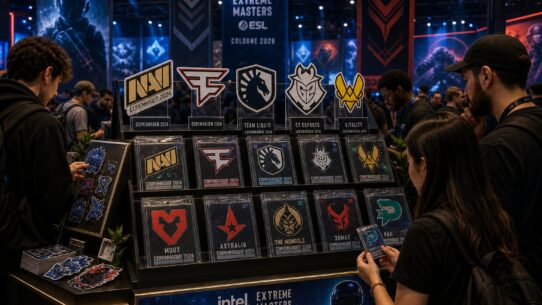 Fans browsing team logo merchandise at the Intel Extreme Masters ESL Cologne 2026 merch booth, featuring NaVi, FaZe, Team Liquid, G2, Vitality, and other CS esports teams