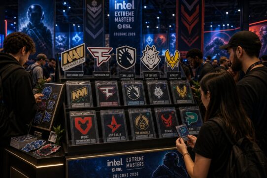 Fans browsing team logo merchandise at the Intel Extreme Masters ESL Cologne 2026 merch booth, featuring NaVi, FaZe, Team Liquid, G2, Vitality, and other CS esports teams