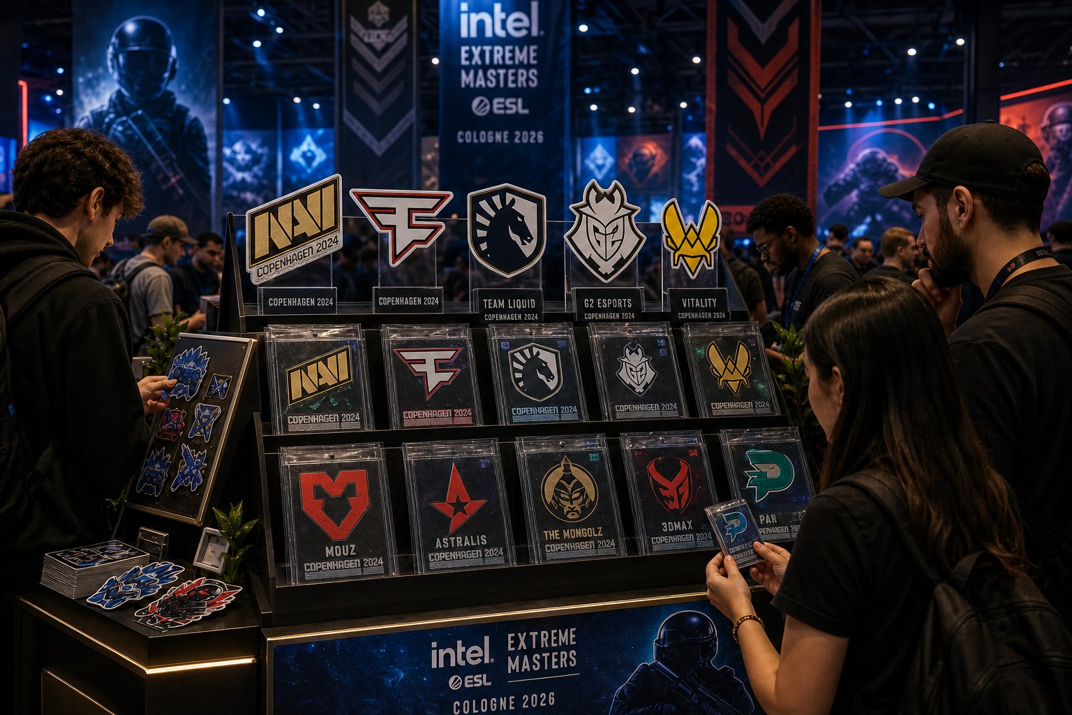 Fans browsing team logo merchandise at the Intel Extreme Masters ESL Cologne 2026 merch booth, featuring NaVi, FaZe, Team Liquid, G2, Vitality, and other CS esports teams