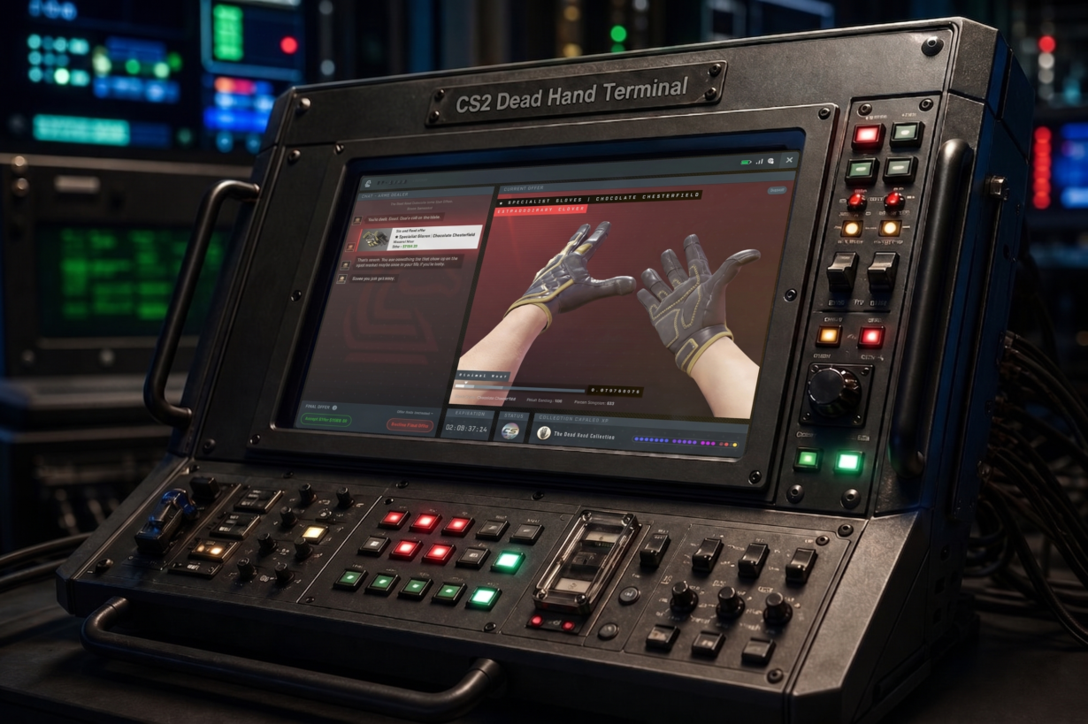 CS2 Dead Hand Terminal displaying Specialist Gloves Chocolate Chesterfield skin from the Dead Hand Collection