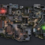 Overhead tactical map of a video game level showing interconnected buildings with red and green bomb site markers