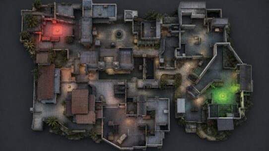 Overhead tactical map of a video game level showing interconnected buildings with red and green bomb site markers