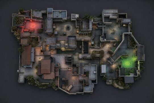 Overhead tactical map of a video game level showing interconnected buildings with red and green bomb site markers