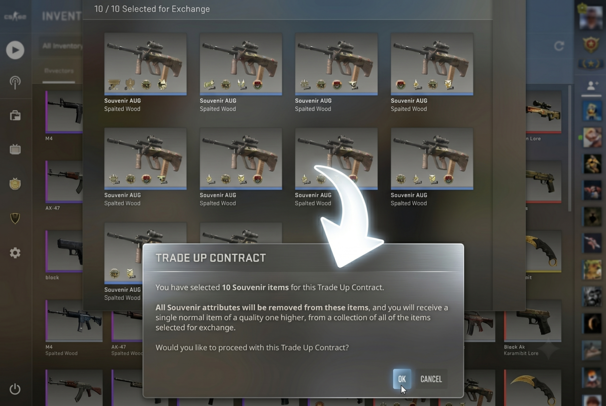 CS:GO Trade Up Contract confirmation dialog showing 10 Souvenir AUG Spalted Wood items selected for exchange