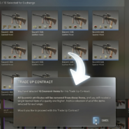 CS:GO Trade Up Contract confirmation dialog showing 10 Souvenir AUG Spalted Wood items selected for exchange