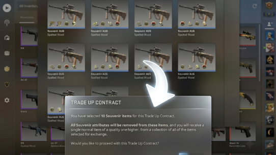 CS:GO Trade Up Contract confirmation dialog showing 10 Souvenir AUG Spalted Wood items selected for exchange