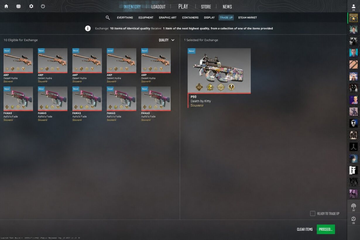 CS2 Trade Up contract screen showing 10 eligible weapon skins (AWP Desert Hydra and FAMAS Aalto's Fade Souvenirs) with a P90 Death by Kitty Souvenir selected for exchange