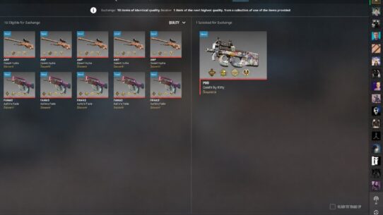 CS2 Trade Up contract screen showing 10 eligible weapon skins (AWP Desert Hydra and FAMAS Aalto's Fade Souvenirs) with a P90 Death by Kitty Souvenir selected for exchange