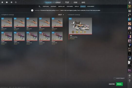 CS2 Trade Up contract screen showing 10 eligible weapon skins (AWP Desert Hydra and FAMAS Aalto's Fade Souvenirs) with a P90 Death by Kitty Souvenir selected for exchange