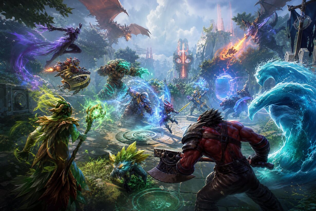 Fantasy battle scene featuring diverse heroes including a nature druid, axe-wielding warrior, water elemental, and dragon clashing with magical abilities