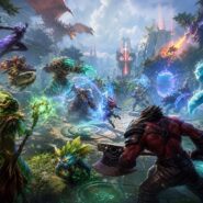 Fantasy battle scene featuring diverse heroes including a nature druid, axe-wielding warrior, water elemental, and dragon clashing with magical abilities