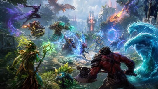 Fantasy battle scene featuring diverse heroes including a nature druid, axe-wielding warrior, water elemental, and dragon clashing with magical abilities