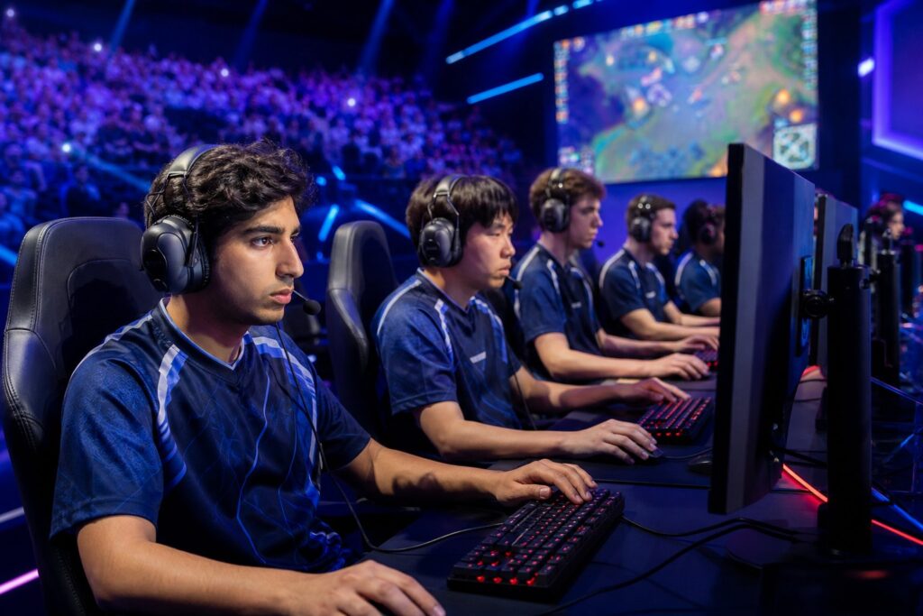 TI 2026 Qualifiers Preview And Schedule 16 Five esports players in matching blue jerseys and headsets compete at computers on a lit stage before a packed arena crowd