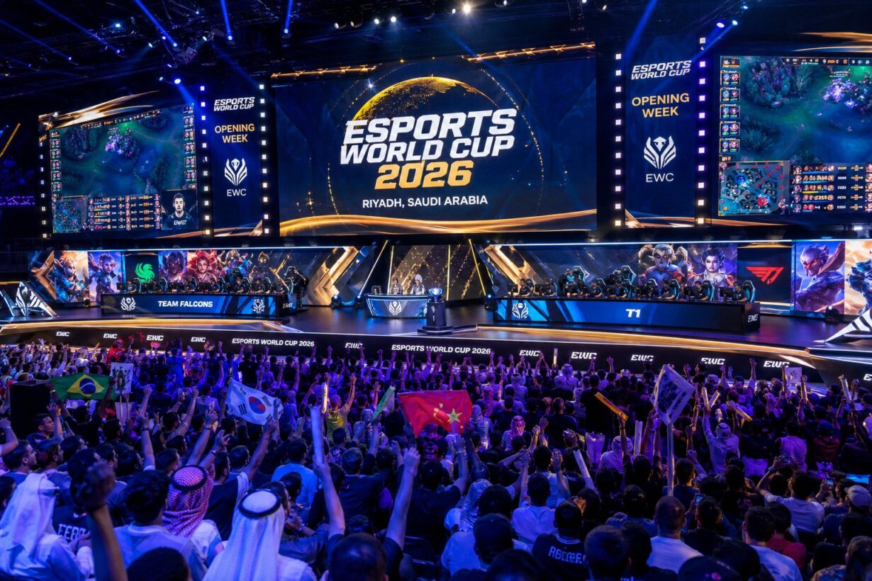Crowd cheering at the Esports World Cup 2026 Opening Week in Riyadh, Saudi Arabia, with Team Falcons facing T1 on stage