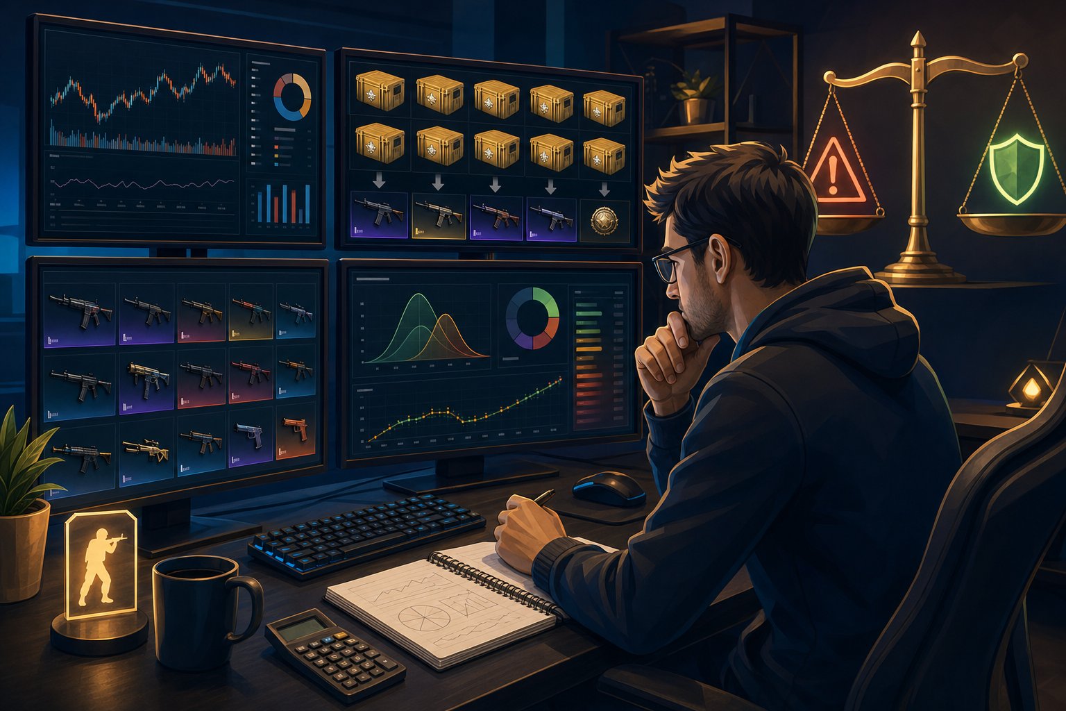 CS2 Souvenir Trade Ups Explained for 2026 16 A person analyzing data and graphs on computer screens while considering trading virtual items, with symbols representing risk and decision-making around them.