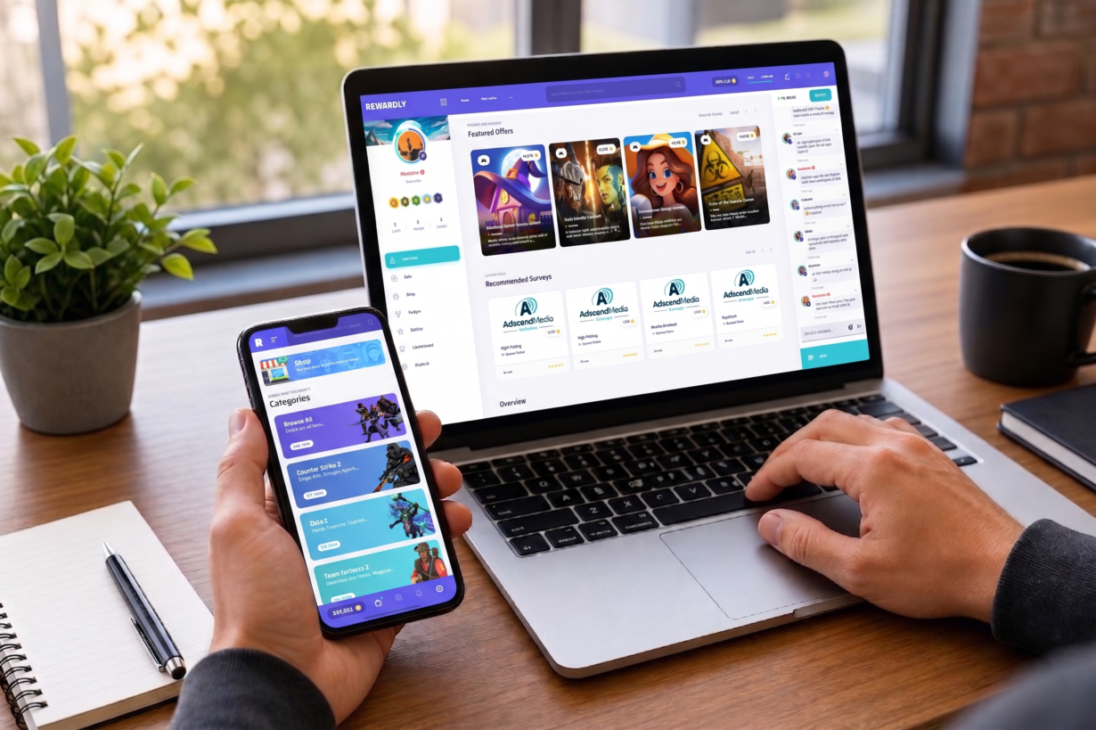 Person holding a smartphone showing the Rewardly app while using a laptop displaying the Rewardly website with featured offers and surveys