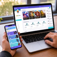 Person holding a smartphone showing the Rewardly app while using a laptop displaying the Rewardly website with featured offers and surveys