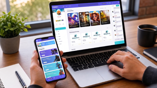 Person holding a smartphone showing the Rewardly app while using a laptop displaying the Rewardly website with featured offers and surveys