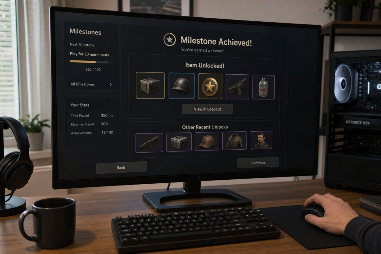 Gaming PC setup showing a monitor displaying a Milestone Achieved screen with unlocked items, player stats, and recent rewards