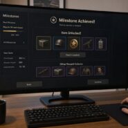 Gaming PC setup showing a monitor displaying a Milestone Achieved screen with unlocked items, player stats, and recent rewards