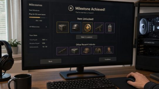 Gaming PC setup showing a monitor displaying a Milestone Achieved screen with unlocked items, player stats, and recent rewards