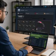 Person browsing Counter-Strike 2 item inventory and Steam Community Market listings on a desktop monitor and laptop