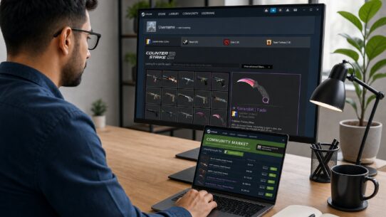 Person browsing Counter-Strike 2 item inventory and Steam Community Market listings on a desktop monitor and laptop