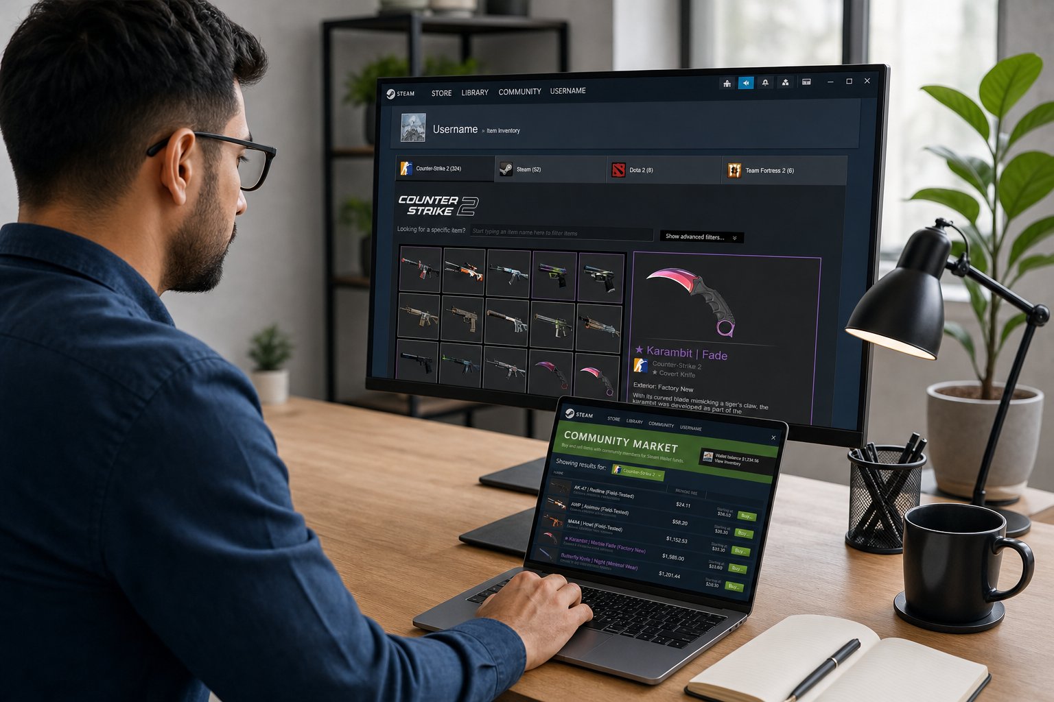 Person browsing Counter-Strike 2 item inventory and Steam Community Market listings on a desktop monitor and laptop