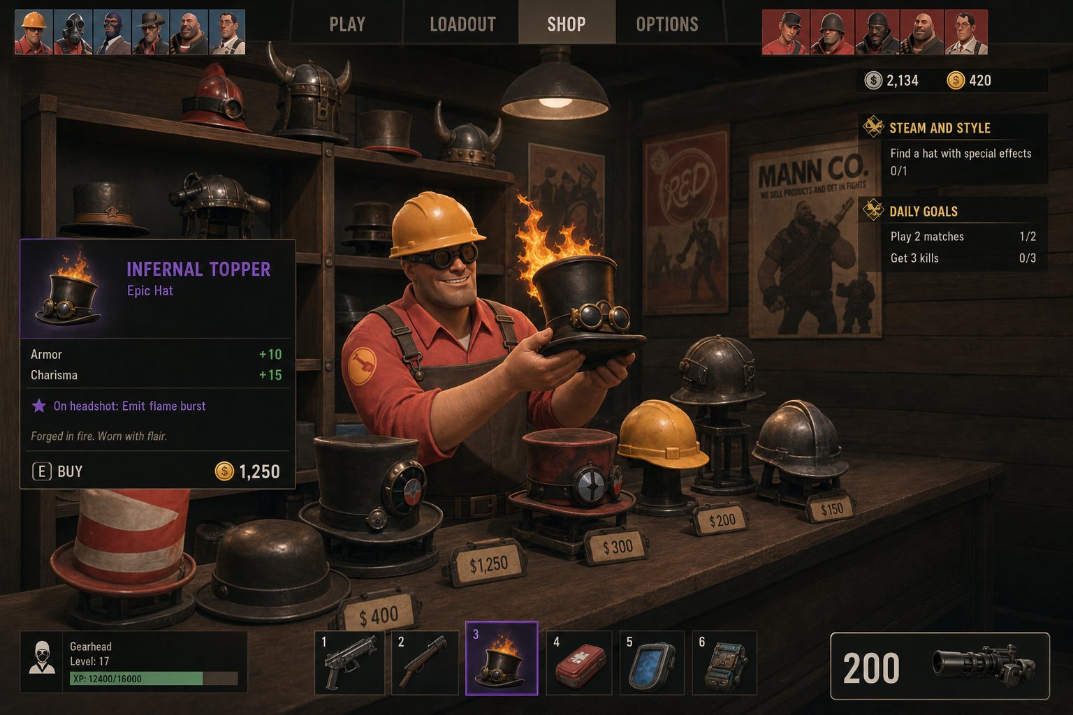 TF2 Unusual Hats: Effects, Odds, And Market Value 14 A busy indoor market with people browsing and selling a variety of colorful and unusual hats inspired by video game designs.