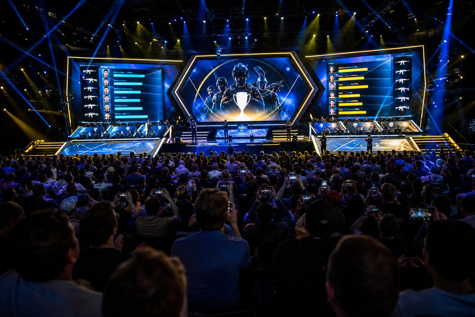 A large esports event stage with colorful screens showing gaming results and an attentive audience watching the competition.
