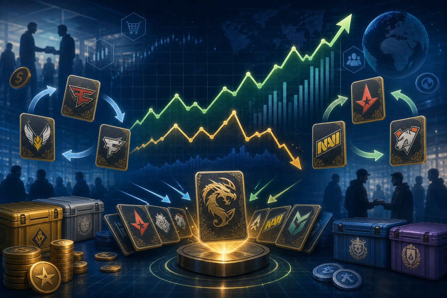 CS2 Souvenir Trade Ups Explained for 2026 15 Illustration showing a financial graph with arrows and icons representing souvenir items and trade exchanges in a marketplace setting.