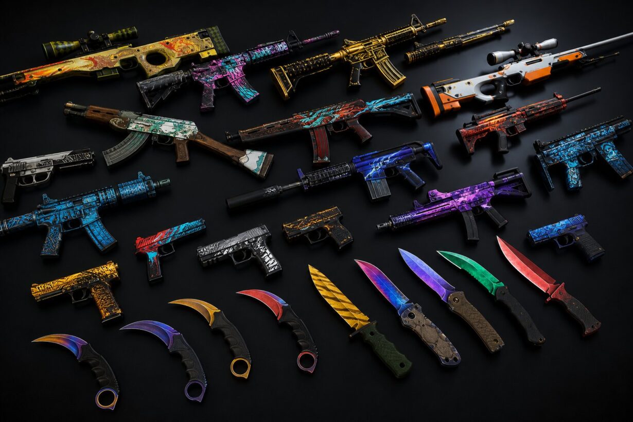 A collection of colorful CS2 weapon skins including rifles, pistols, SMGs, and knives with various vibrant designs displayed on a dark surface