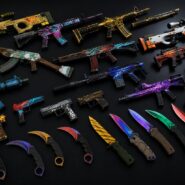 A collection of colorful CS2 weapon skins including rifles, pistols, SMGs, and knives with various vibrant designs displayed on a dark surface