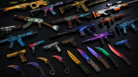 A collection of colorful CS2 weapon skins including rifles, pistols, SMGs, and knives with various vibrant designs displayed on a dark surface
