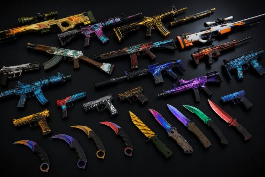 A collection of colorful CS2 weapon skins including rifles, pistols, SMGs, and knives with various vibrant designs displayed on a dark surface