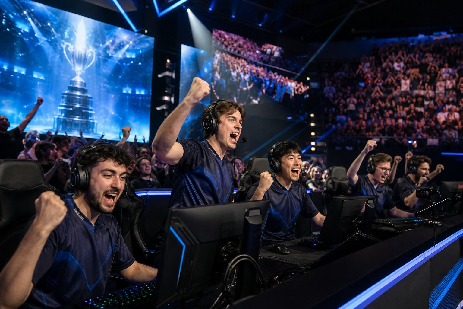 Esports players celebrating a victory on stage with cheering fans in a brightly lit arena.