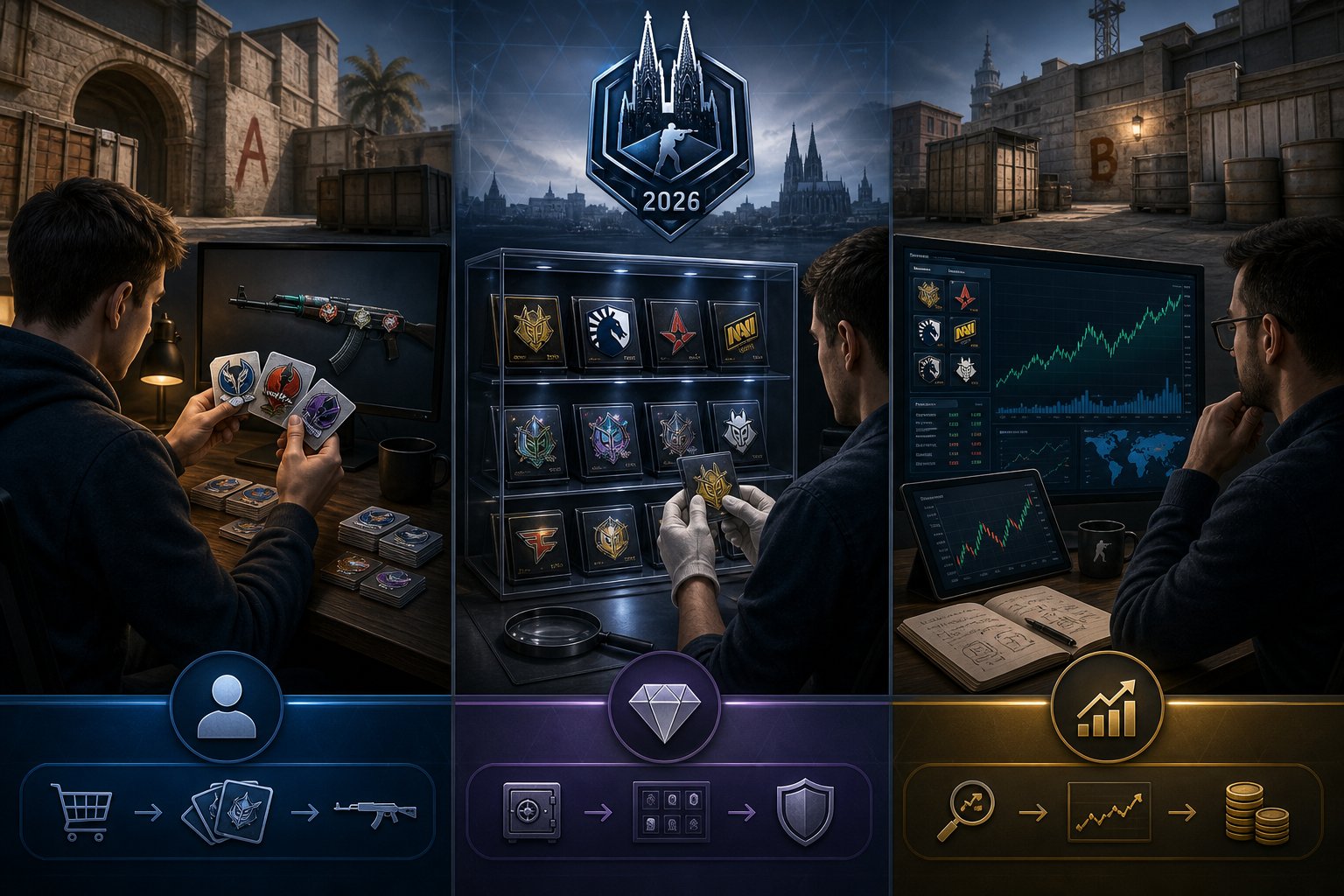 An organized illustration showing different player types with various CS2 Cologne 2026 stickers, including casual players, collectors, and investors analyzing sticker prices.