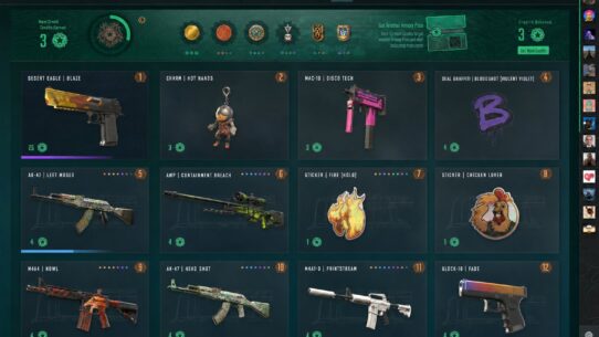CS2 Armory screen showing 12 unlockable items including weapon skins, stickers, and a charm, with a credits balance of 3
