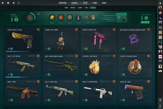 CS2 Armory screen showing 12 unlockable items including weapon skins, stickers, and a charm, with a credits balance of 3