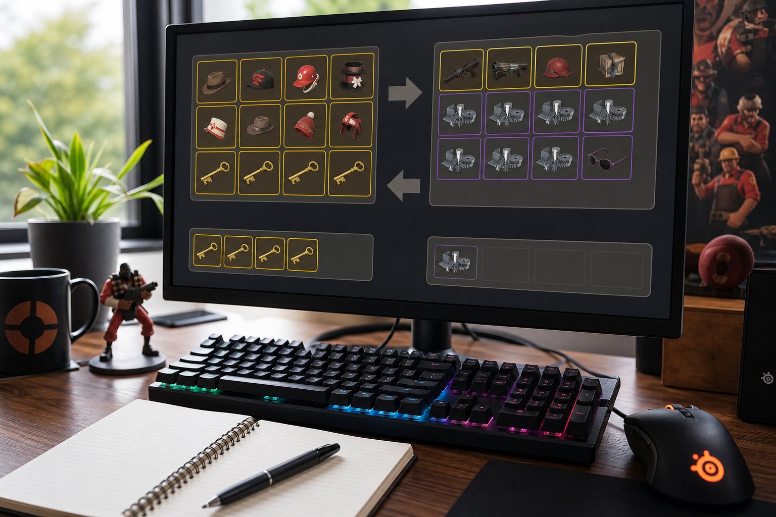 A close-up of a computer desk showing a monitor with in-game items and price icons related to Team Fortress 2 trading, surrounded by gaming accessories and a notebook.