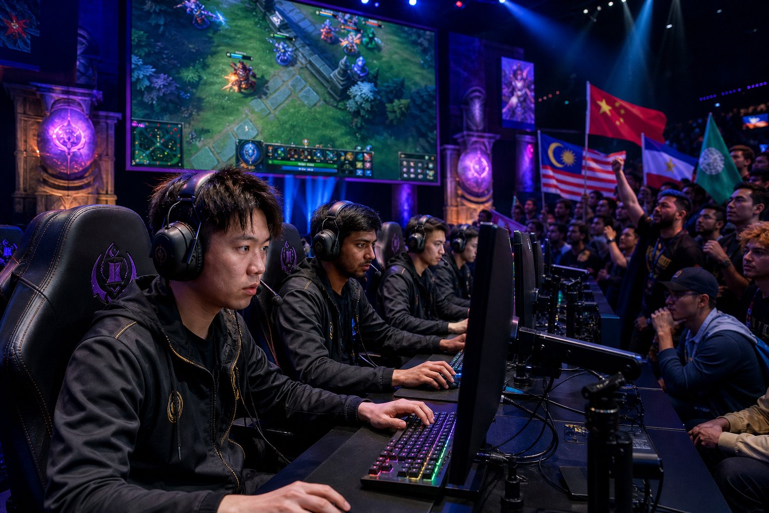 TI 2026 Qualifiers Preview And Schedule 15 A group of focused esports players competing at gaming stations with colorful lights and large screens showing gameplay, surrounded by attentive spectators.