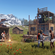 Rust gameplay showing players at various stages of progression, from naked survivors to armed and armored fighters, near wooden base structures