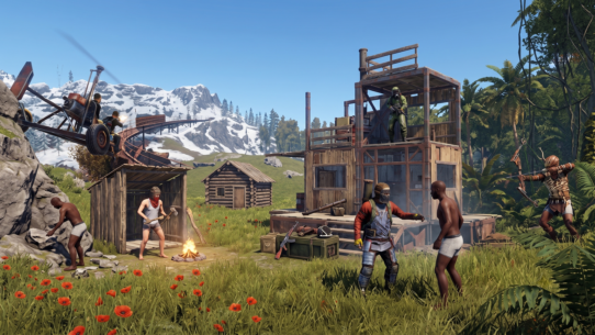Rust gameplay showing players at various stages of progression, from naked survivors to armed and armored fighters, near wooden base structures
