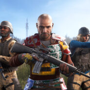 Three armed video game characters in post-apocalyptic gear standing in a field, with a satellite dish visible in the background