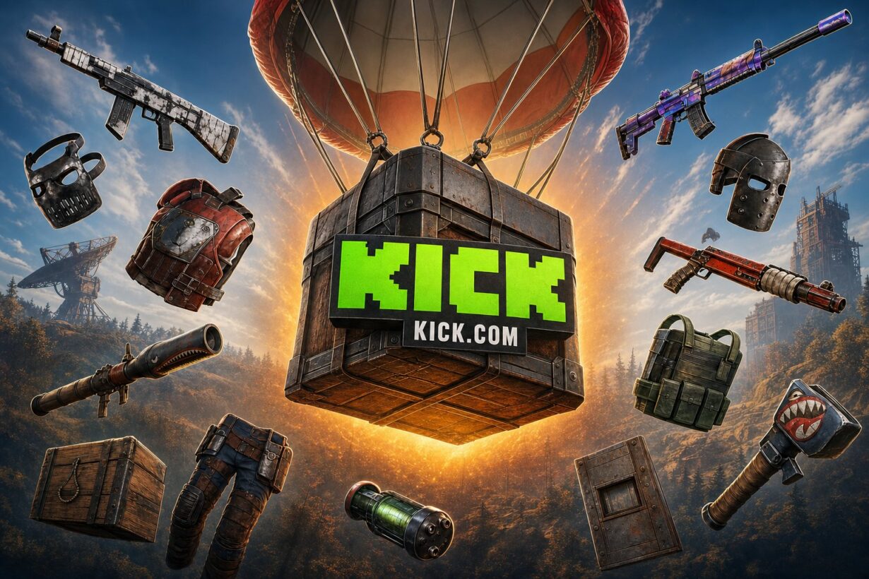 Kick.com branded supply crate descending by hot air balloon, surrounded by floating Rust game items including weapons, armor, and gear