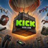 Kick.com branded supply crate descending by hot air balloon, surrounded by floating Rust game items including weapons, armor, and gear