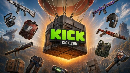 Kick.com branded supply crate descending by hot air balloon, surrounded by floating Rust game items including weapons, armor, and gear