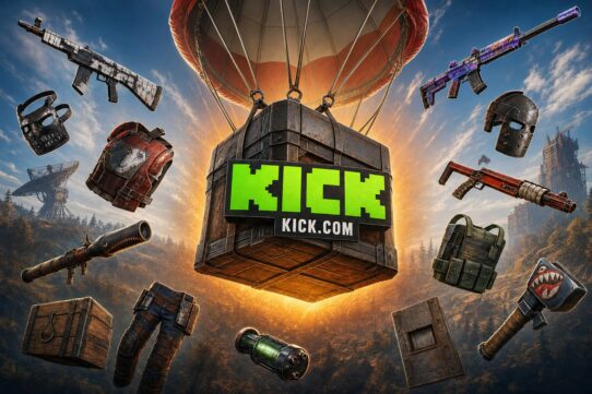 Kick.com branded supply crate descending by hot air balloon, surrounded by floating Rust game items including weapons, armor, and gear